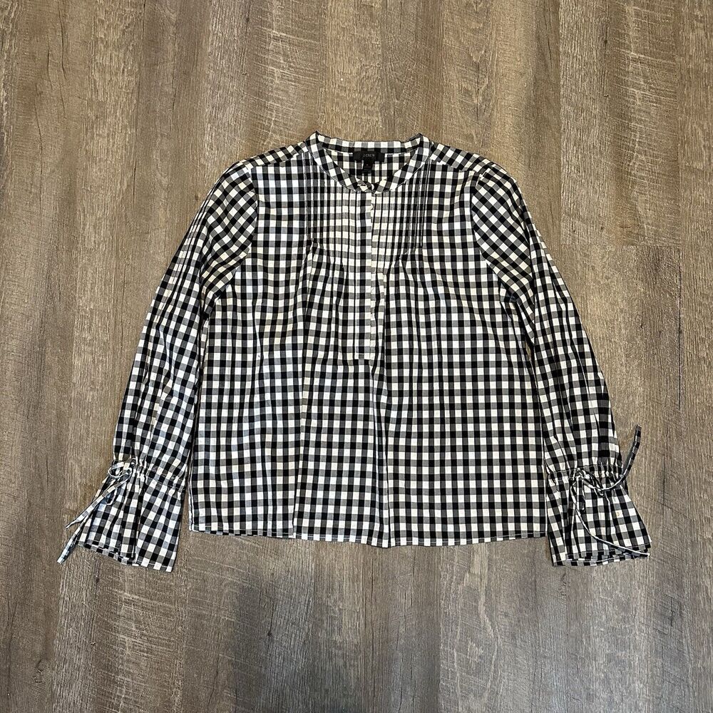 J‎ Crew Tall Tie-sleeve Top with Pin Tucks in Gingham Black Sz S Small